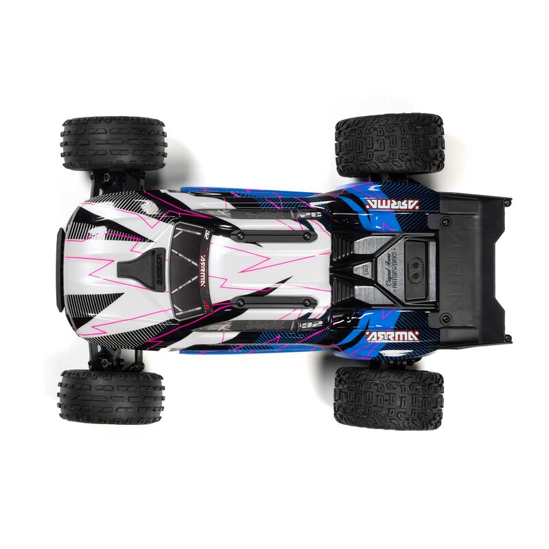 Blue ARRMA 1/10 VORTEKS 2WD RTR brushed stadium truck with large tires and detailed body, ready for off-road racing.