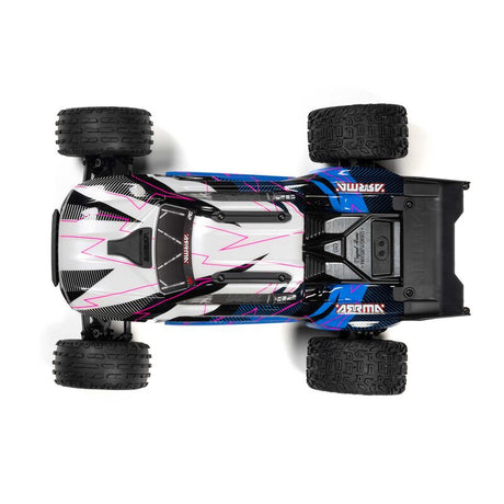 Blue ARRMA 1/10 VORTEKS 2WD RTR brushed stadium truck with large tires and detailed body, ready for off-road racing.