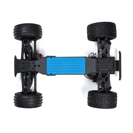 Blue ARRMA 1/10 VORTEKS 2WD RTR brushed stadium truck on a track, showcasing its sleek design and off-road tires.