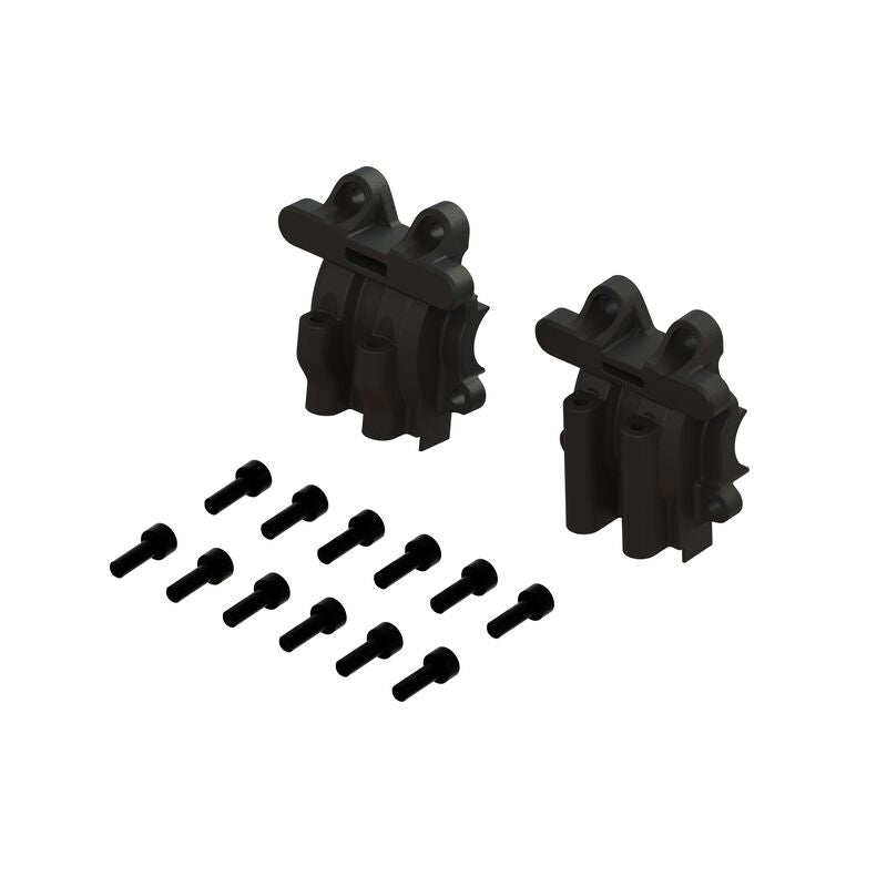 ARRMA GROM diff cover set with two black plastic covers for improved durability and protection on RC vehicle components