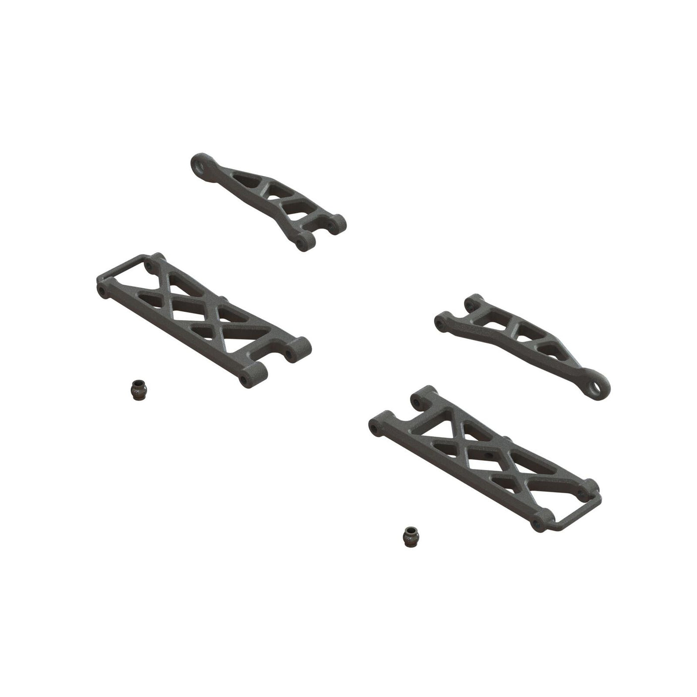 ARRMA GROM rear suspension arm set showing black metal arms with mounting points for remote control car repair.