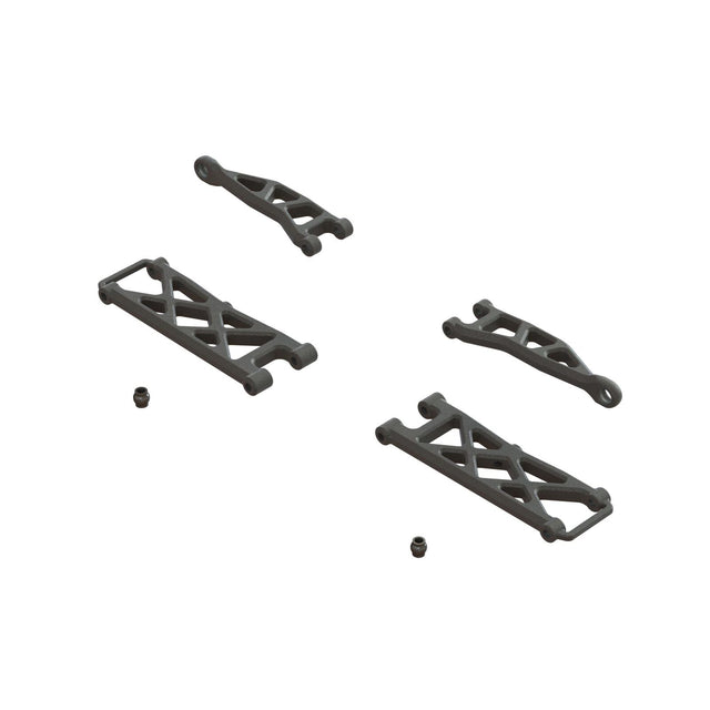 ARRMA GROM rear suspension arm set showing black metal arms with mounting points for remote control car repair.