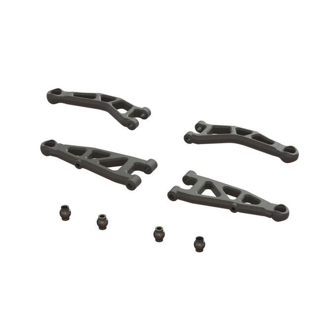 ARRMA GROM front suspension arm set, showing black plastic arms with metal mounting points and screws for RC car suspension.