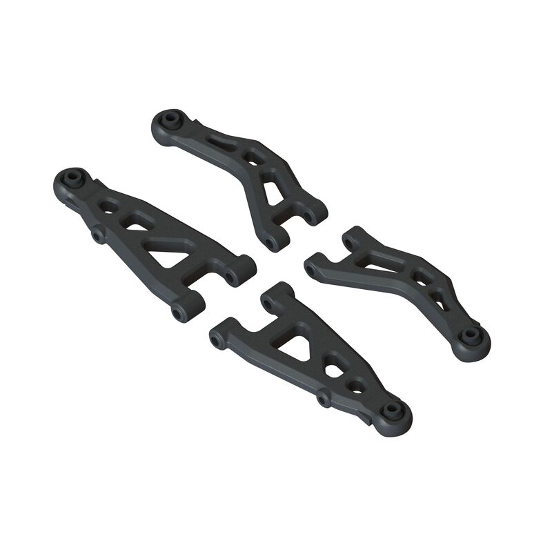 ARRMA GROM front suspension arm set B with multiple black plastic arms and metal mounting points for RC car suspension.