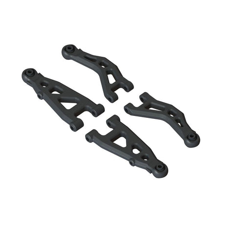 ARRMA GROM front suspension arm set B with multiple black plastic arms and metal mounting points for RC car suspension.