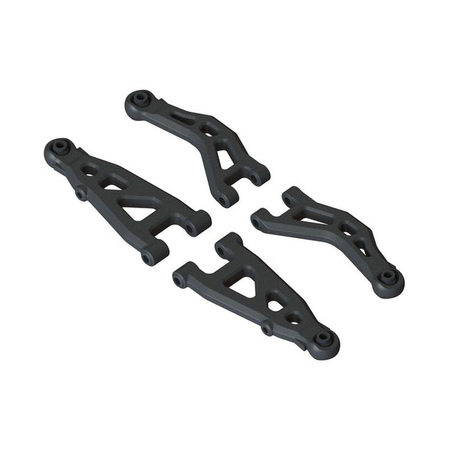 ARRMA GROM front suspension arm set B with multiple black plastic arms and metal mounting points for RC car suspension.