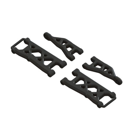 ARRMA GROM rear suspension arm set B with black plastic arms and metal mounting points for RC truck durability and performance.