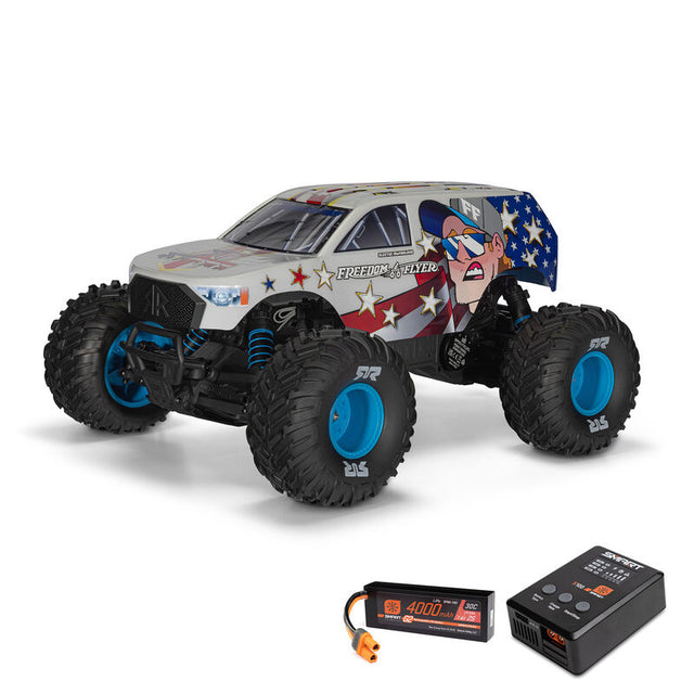 ARRMA 1/10 Freedom Flyer 223s 2WD brushless monster truck with large tires and detailed design, ready for off-road racing.