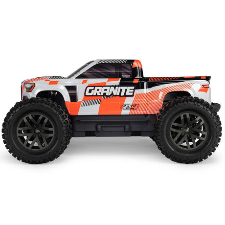 ARRMA 1/10 scale Granite 4x4 RTR brushed monster truck with rugged design and off-road tires in a dynamic action pose