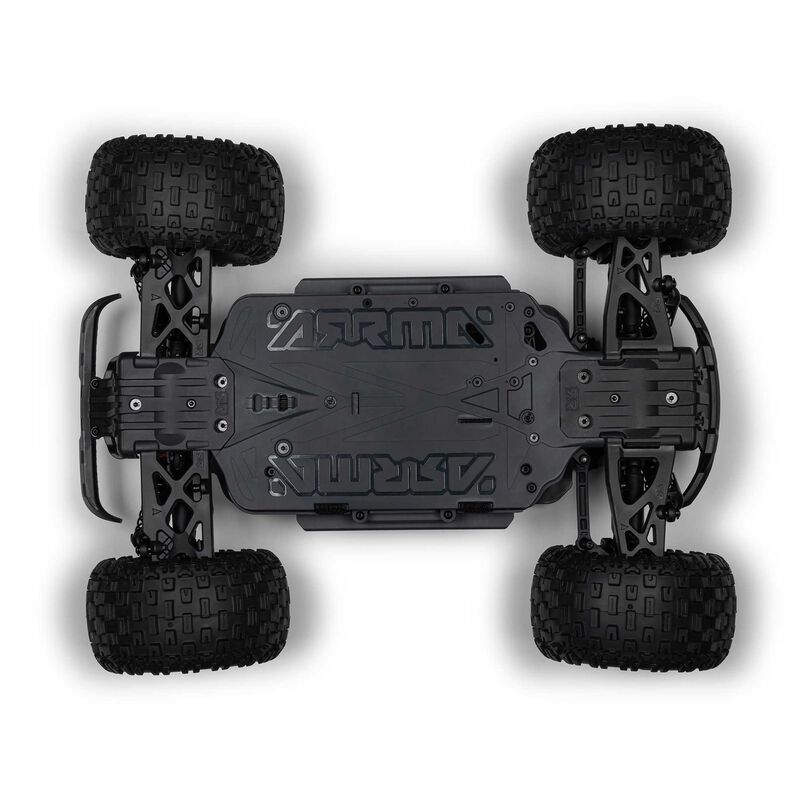 ARRMA 1/10 Granite 4X4 RTR brushed monster truck in black and red, showcasing rugged off-road tires and detailed body design.