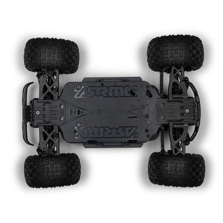 ARRMA 1/10 Granite 4X4 RTR brushed monster truck in black and red, showcasing rugged off-road tires and detailed body design.