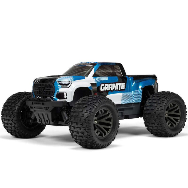 ARRMA 1/10 Granite 223S DSC 4x4 RTR brushless monster truck on rugged terrain with detailed body and large tires.
