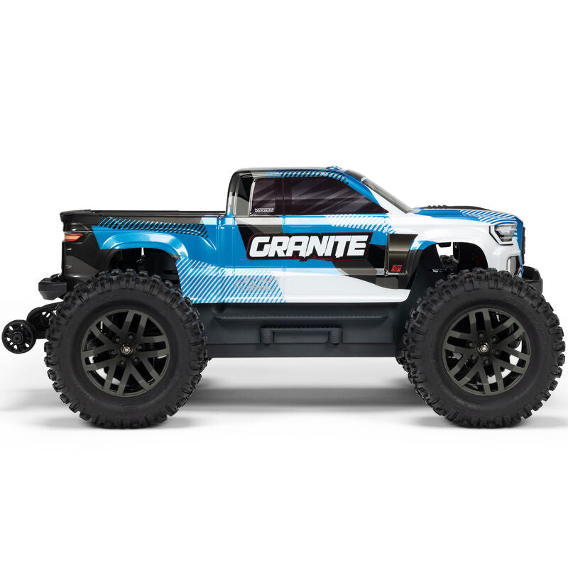 ARRMA 1/10 scale Granite 223S DSC 4x4 brushless monster truck with rugged design and detailed body in action.