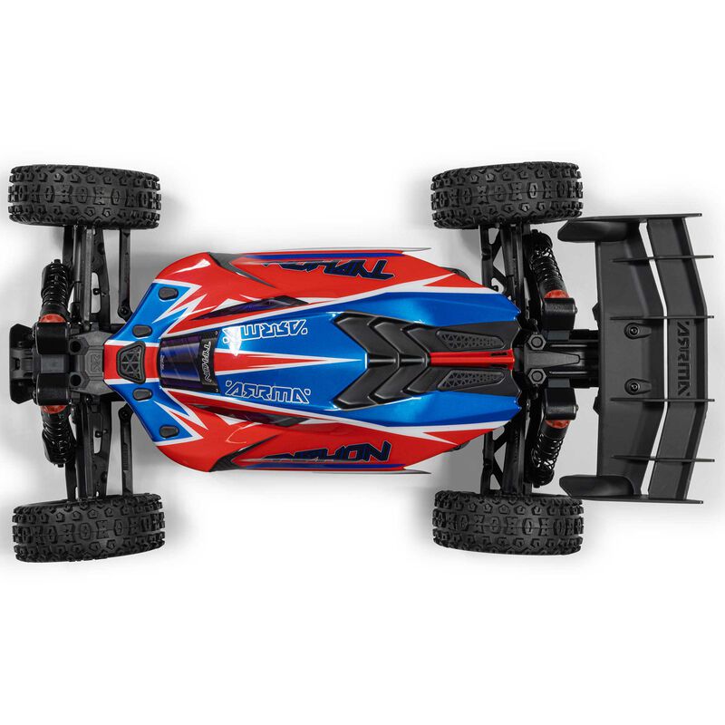 ARRMA 1/8 Typhon 223S DSC 4x4 RTR brushless buggy with detailed chassis and off-road tires, ready for high-speed RC racing.