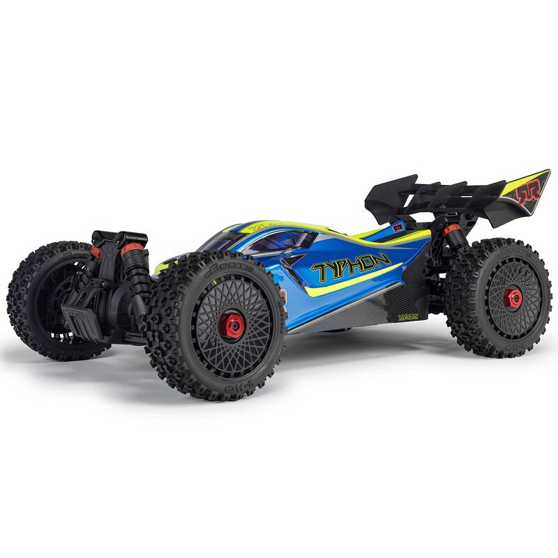 ARRMA 1/8 Typhon 223S DSC 4X4 RTR brushless buggy with detailed off-road design and colorful body in action.