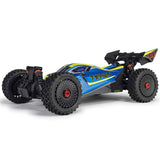 ARRMA 1/8 Typhon 223S DSC 4X4 RTR brushless buggy with detailed off-road design and colorful body in action.