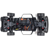 ARRMA 1/8 Infraction 3S 4X4 RC truck with orange and black body, detailed chassis, and off-road tires.