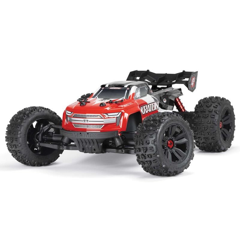 ARRMA 1/10 scale Kraton 4S 4x4 RTR brushless speed truck with vibrant orange and black body and large off-road tires.