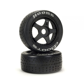 Two ARRMA dBoots Hoons 2.9-inch silver mounted tires for RC cars, showing tread pattern and sidewall details.