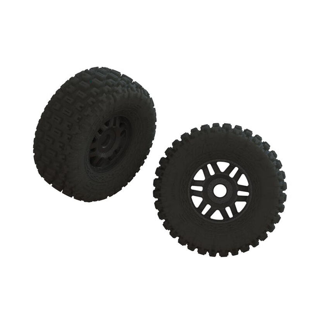 Pair of ARRMA dBoots Fortress LP tires in black, glued for off-road RC vehicles, shown mounted on wheels.