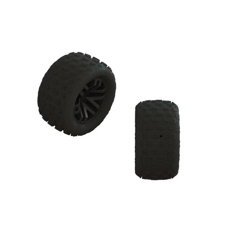 Set of two black ARRMA dBoots Fortress tires with glued rubber treads, designed for off-road RC vehicles.