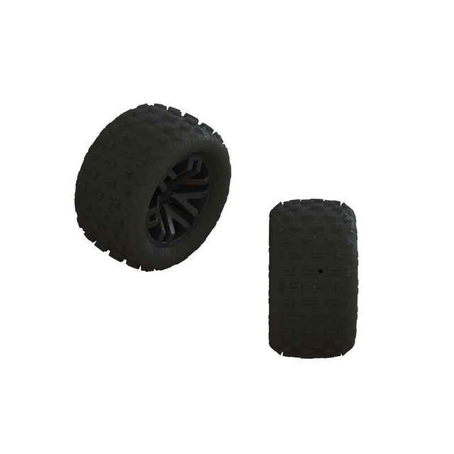 Set of two black ARRMA dBoots Fortress tires with glued rubber treads, designed for off-road RC vehicles.