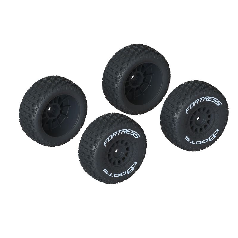 Set of four ARRMA dBoots Fortress mounted tires for Mojave GROM RC truck, showing rugged tread and durable rubber construction.