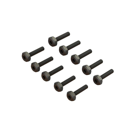 Set of 10 ARRMA M2.5x12mm hex head screws with 5.5mm head for RC vehicles, shown in a close-up image.
