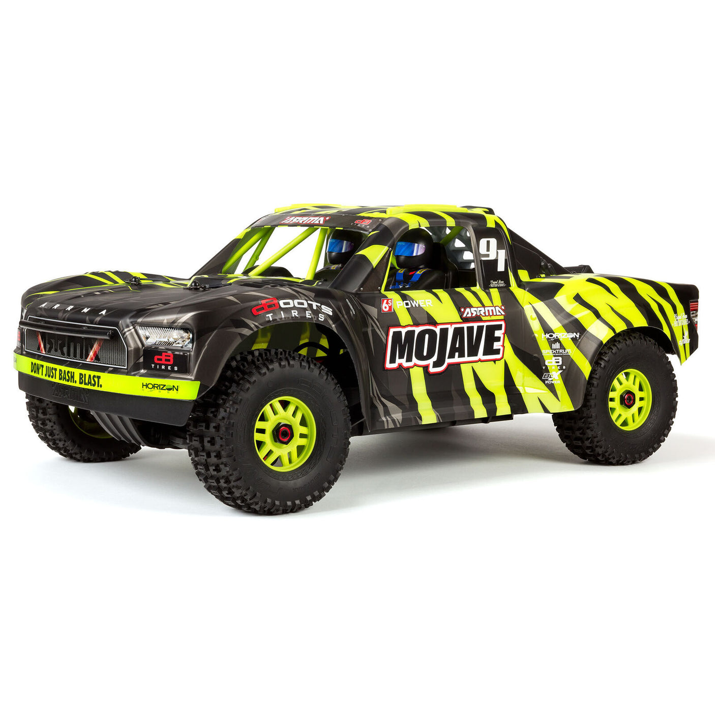 ARRMA Mojave 6S 4x4 RTR brushless short course truck in blue with large off-road tires and detailed body design.