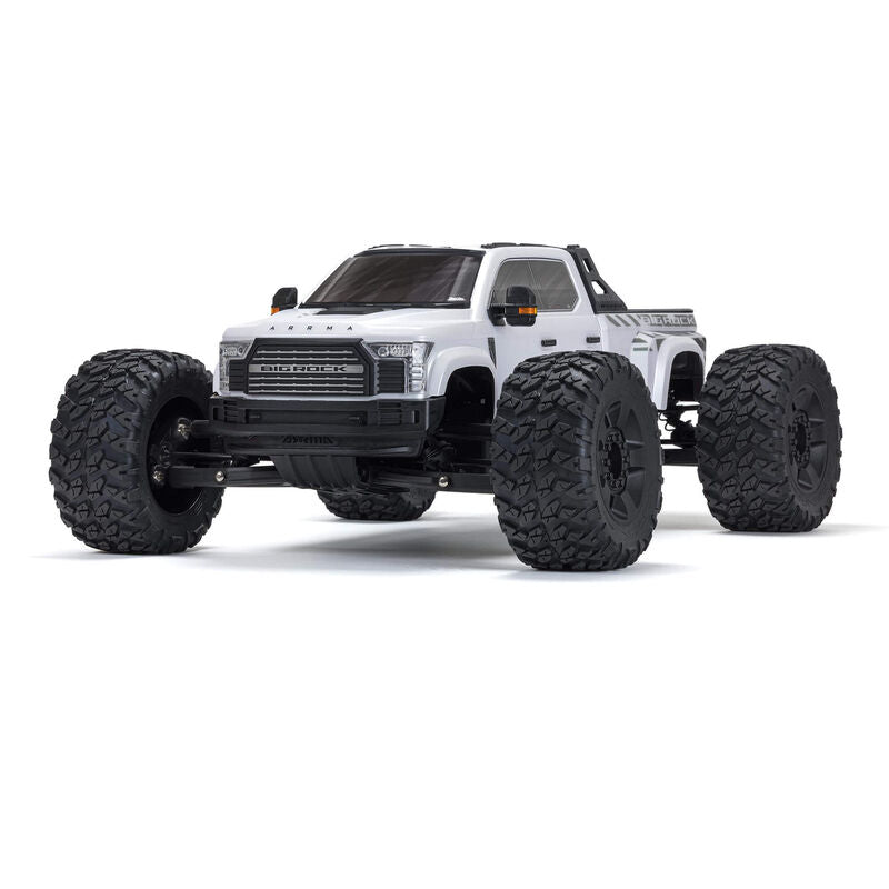 ARRMA 1/7 Big Rock 6S 4WD BLX RTR monster truck with rugged tires and vibrant paint, ready for off-road adventures.