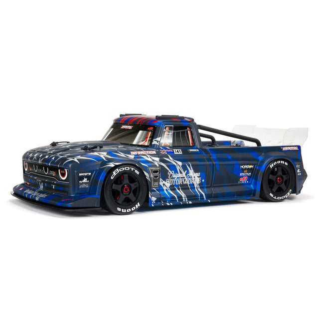 ARRMA 1/7 Infraction 6S AVC 4x4 RTR street basher RC car with sleek design and off-road tires, ready for high-speed action.