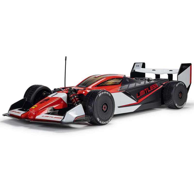ARRMA 1/7 Limitless 8S AVC 4x4 RTR brushless street speed car on road with sleek design and detailed body features.
