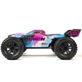 ARRMA 1/8 Kraton 6S BLX V6 4x4 RTR RC monster truck on rugged terrain, showing its powerful design and large off-road tires.