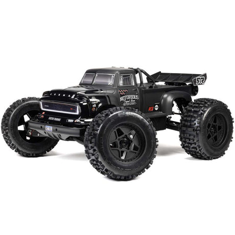 ARRMA 1/8 Notorious 4X4 6s BLX V6 stunt truck, RTR, with rugged design and large off-road tires suitable for stunts and racing.