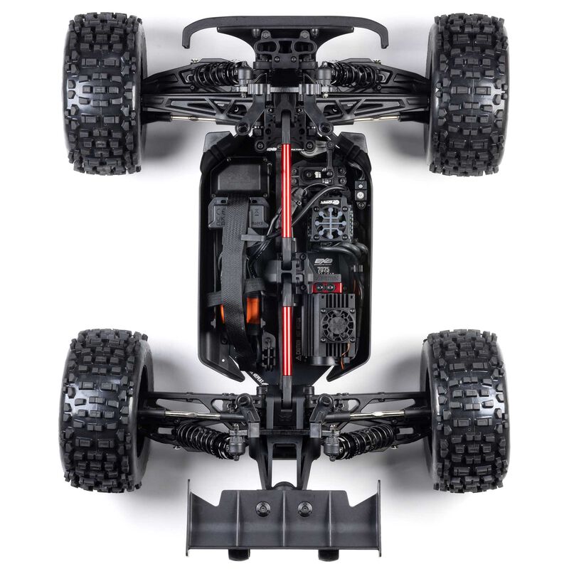 ARRMA 1/8 Notorious 4x4 6S BLX brushless V6 stunt truck RTR on rugged terrain, showcasing its powerful design and off-road capabilities.