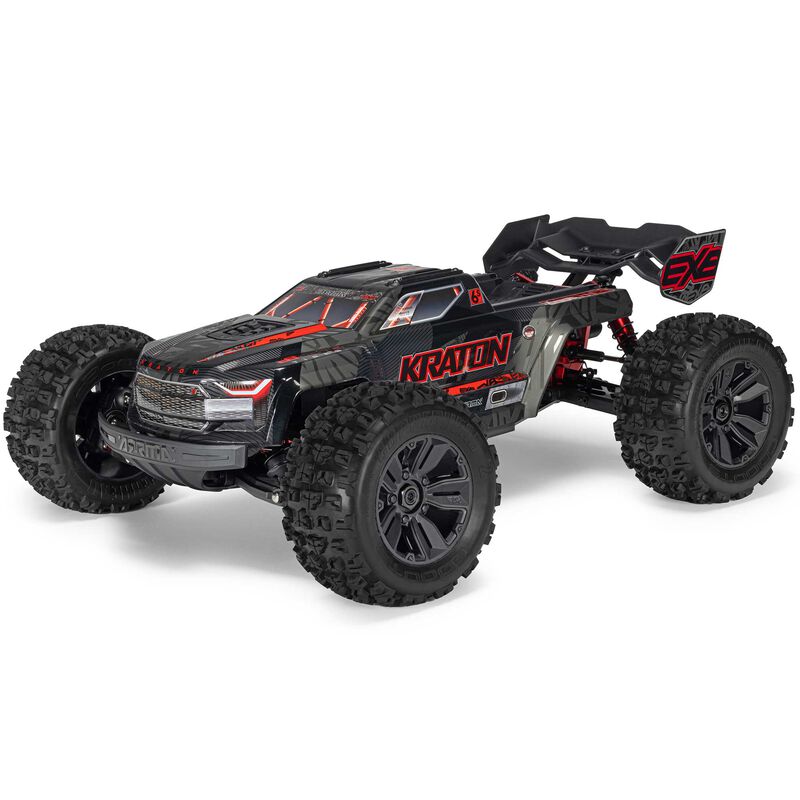 ARRMA 1/8 Kraton 6S EXB 4x4 RTR RC monster truck on rugged terrain with detailed body and large tires