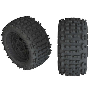 Pair of ARRMA Dboots Backflip LP 4S 3.8-inch tires for RC trucks, showing tread pattern and sidewall details.