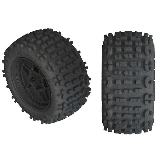 Pair of ARRMA Dboots Backflip LP 4S 3.8-inch tires for RC trucks, showing tread pattern and sidewall details.