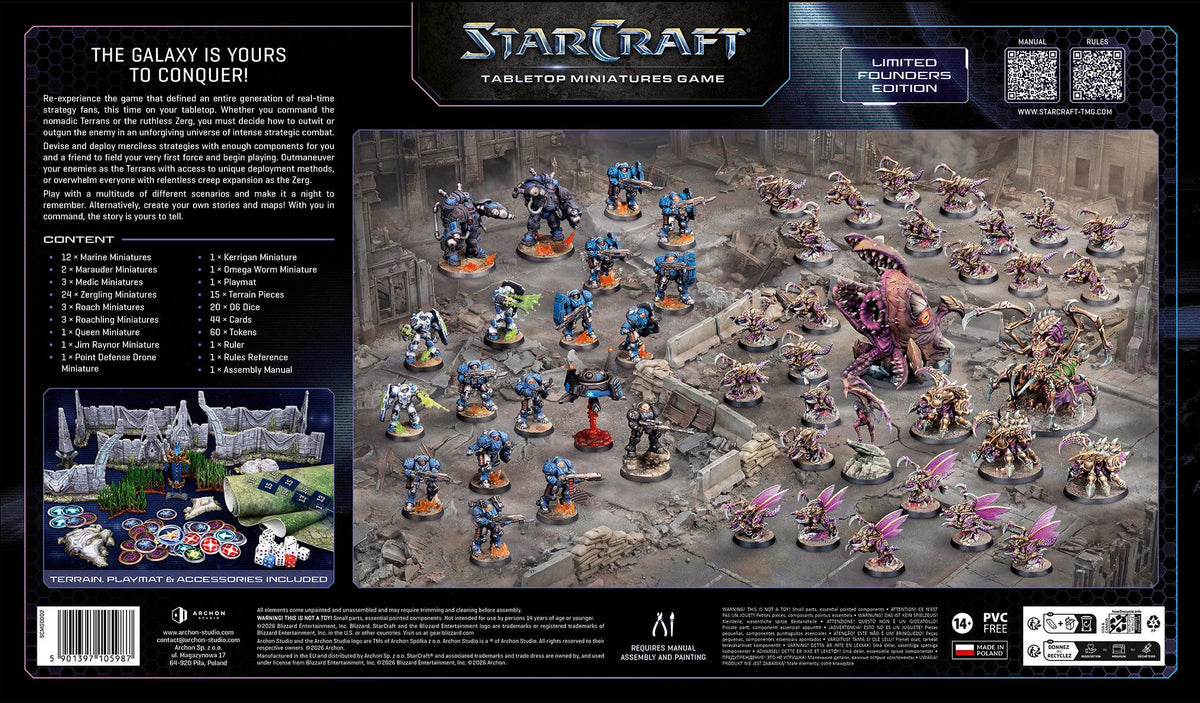 Two-player starter kit for Starcraft Miniatures Game by Archon Studio, featuring detailed miniatures and game components.