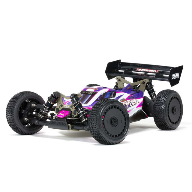 ARRMA 1/8 Typhon TLR tuned 4x4 roller buggy with detailed chassis and large off-road tires, ready for customization.
