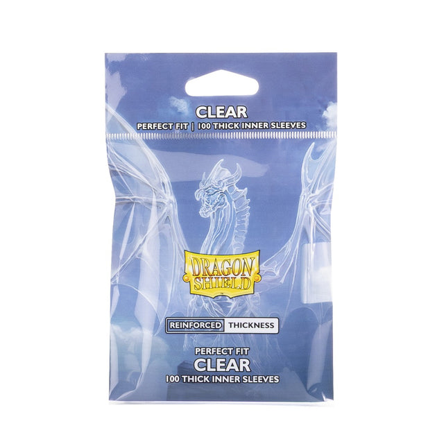Dragon Shield clear perfect fit standard thick inner sleeves for trading cards, shown in the image.
