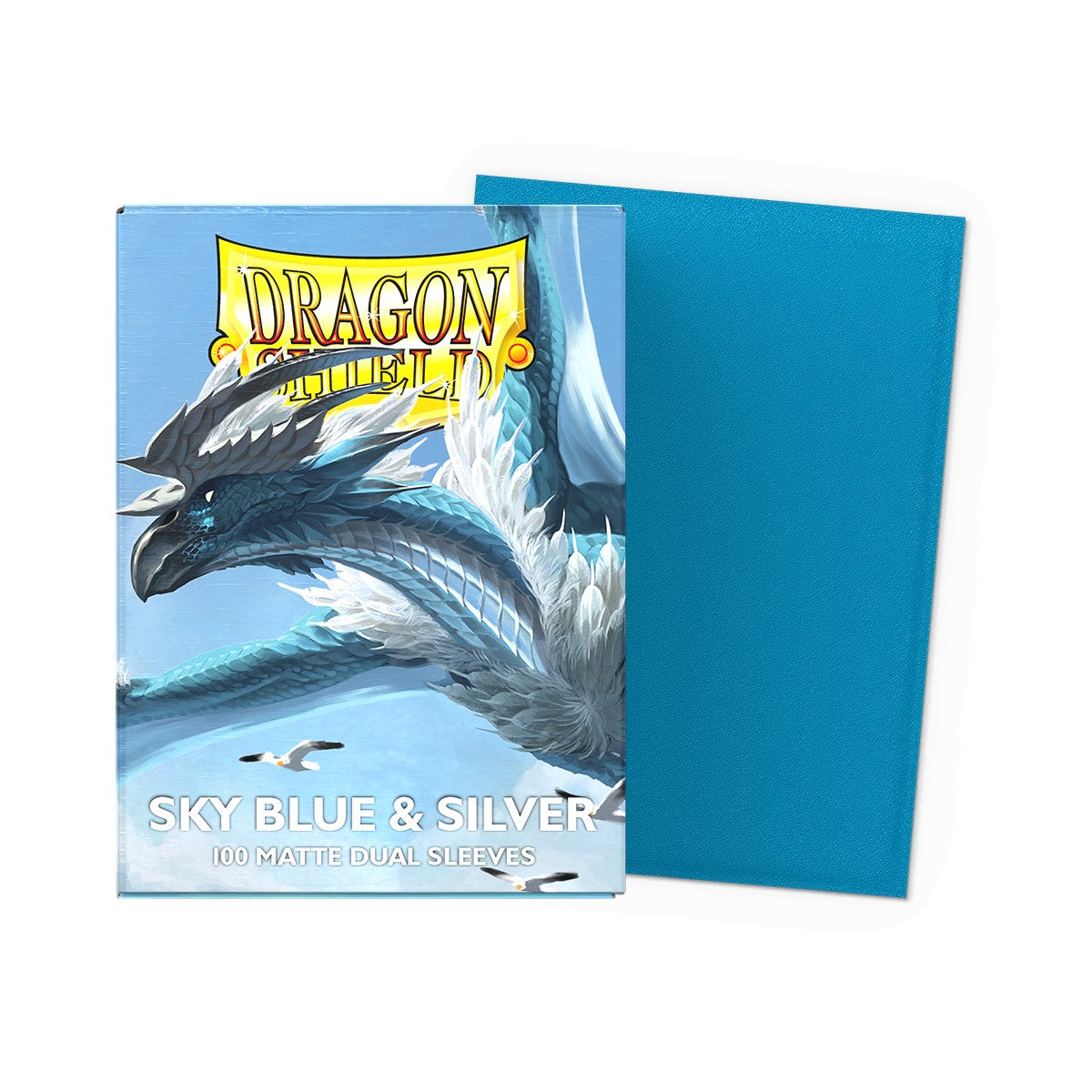 Sky blue and silver Dragon Shield Standard Sleeves with dual matte finish for protecting trading cards.