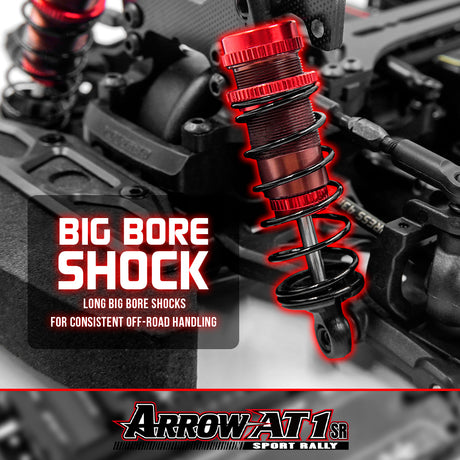 Xpress Arrow AT1SR 1/10 scale 4WD rally car with shaft drive and shocks, showcasing its detailed suspension and sporty design.