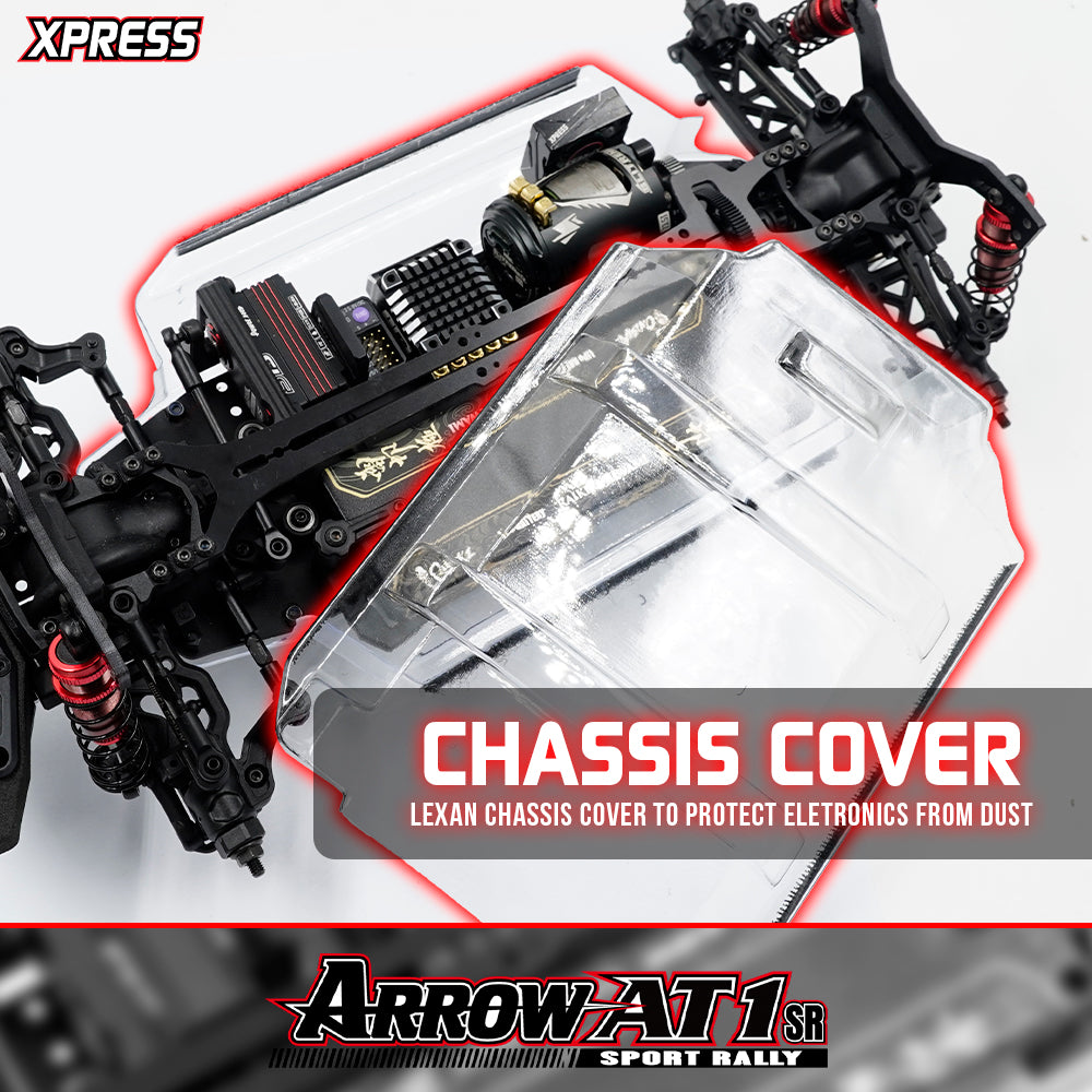 Xpress Arrow AT1SR 1/10 4WD rally car chassis cover, showcasing the detailed chassis and drive components.