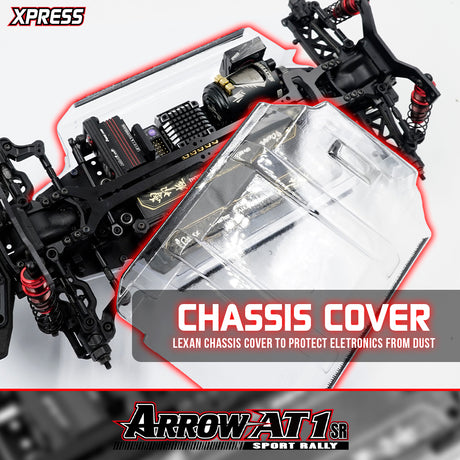 Xpress Arrow AT1SR 1/10 4WD rally car chassis cover, showcasing the detailed chassis and drive components.