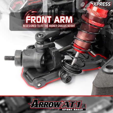 Xpress Arrow AT1SR 1/10 4WD rally car front suspension arm with detailed components and steering linkage visible.