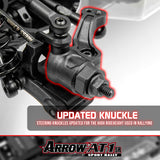 Xpress Arrow AT1SR 1/10 4WD rally car knuckle assembly showing detailed suspension components and steering parts.