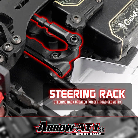 Xpress Arrow AT1SR 1/10 4WD rally car steering rack showing detailed steering mechanism and chassis components.