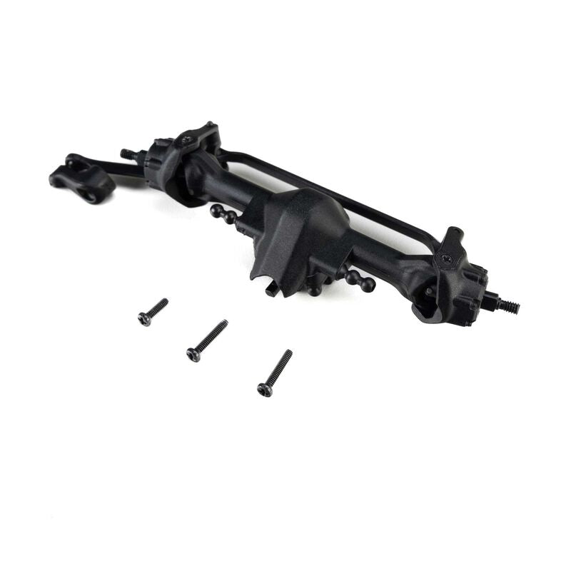 Axial SCX30 wide front axle assembly showing detailed metal construction and mounting points.