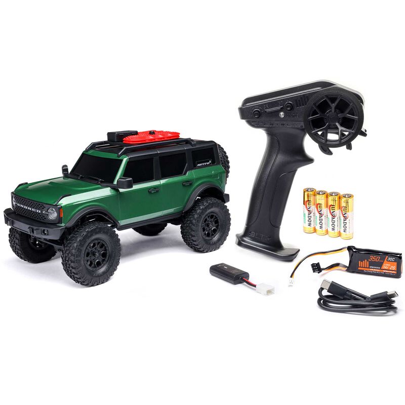 Axial 1/24 scale Ford Bronco 4x4 RC rock crawler with brushed motor and detailed exterior, ready for off-road adventures.